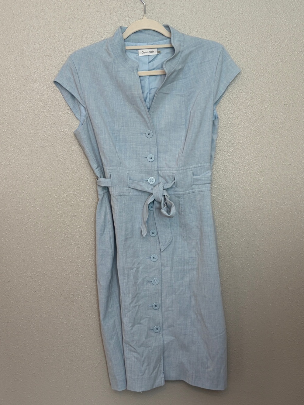 Calvin Klein Safari blue Cap-Sleeve Button-Front Belted Dress classic minimalist - Picture 2 of 8